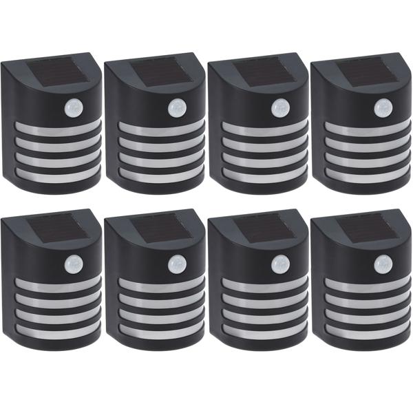 8er-Set Moderne Solar-Aussenlampe (schwarz) mit PIR-Sensor - warmweisses LED-Licht, IP44, helle Wandleuchte für effiziente Beleuchtung