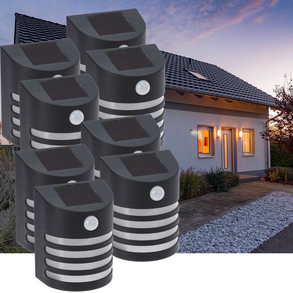8er-Set Moderne Solar-Aussenlampe (schwarz) mit PIR-Sensor - warmweisses LED-Licht, IP44, helle Wandleuchte für effiziente Beleuchtung