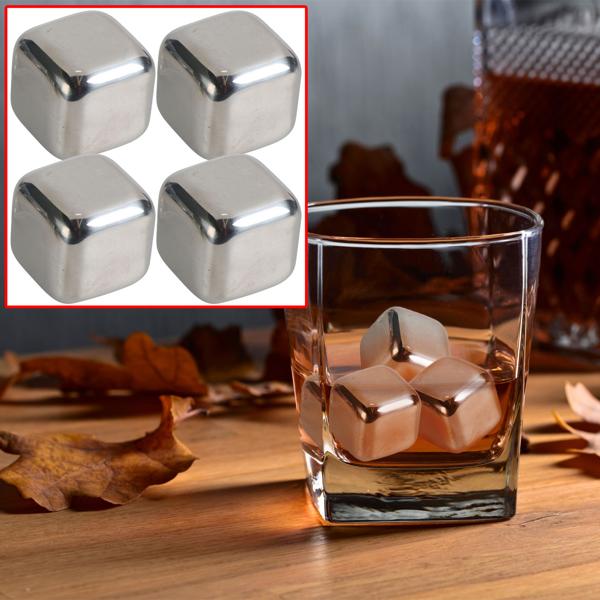 4er-Set Kühlsteine Edelstahl - Wiederverwendbare Eiswürfel für Whisky & Getränke - Kein Verwässern - Spülmaschinenfest - Geruchs-/Geschmacksneutral - 27x27x27mm