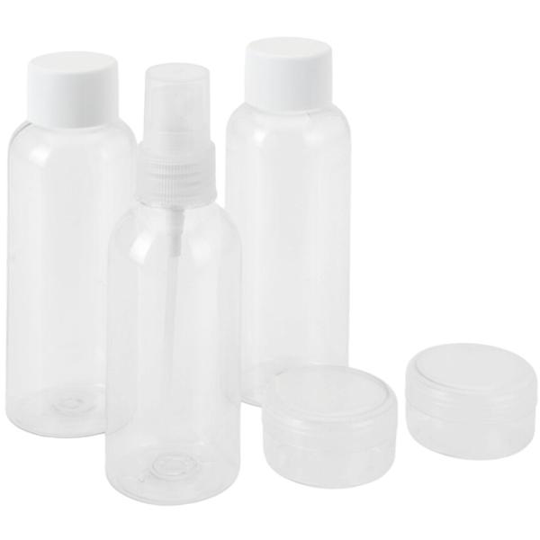 Reiseflaschenset 5tlg - Handgepäck & Flugreisen geeignet - Transparent, robust, 1 Pumpsprüher (90ml), 2 Flaschen (100ml), 2 Creme-Dosen (20ml) im Beutel