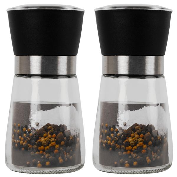 2er-Set Gewürzmühle mit Keramik-Mahlwerk - Für Salz, Pfeffer & Kräuter - Stufenlos einstellbar, hygienisch, Glas & Edelstahl, 13 cm Höhe