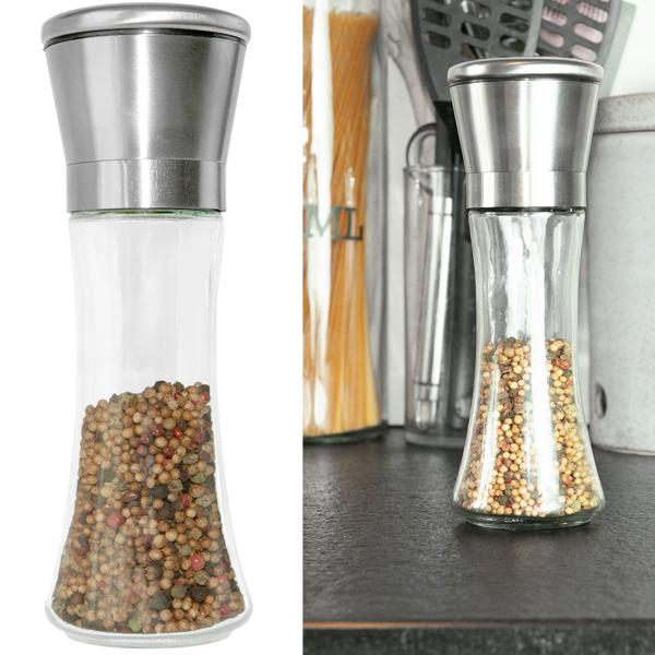 Manuelle Pfeffermühle, Gewürz- und Salzmühle mit Keramik-Mahlwerk, aus hochwertigem Glas und Edelstahl, 19 cm