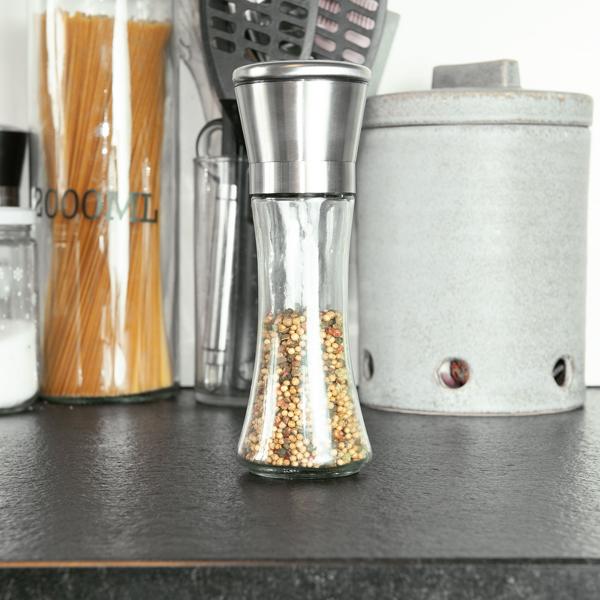 2er-Set Manuelle Pfeffermühle - Keramik-Mahlwerk für punktgenaue Aroma-Freisetzung - Glas, Edelstahldeckel, 19 cm, verschleissfrei - Ideal für Hobbyköche
