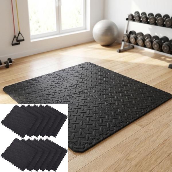 12er-Set Fitnessmatten Schwarz - Puzzleartig Verzahnbar & Flexibel Anordenbar - 40x40 cm, 1 cm Stark, Rutschfest, EVA Schaumstoff, Schimmelresistent