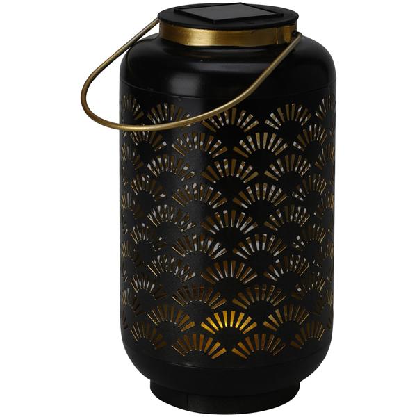 Solar Laterne Metall schwarz - Warmweisses Licht & goldene Applikationen - Ø 13 x H 23,5 cm - NiMH 250 mAh Akku - 6h Leuchtdauer - Garten, Balkon, Terrasse