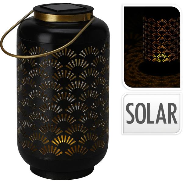 Solar Laterne Metall schwarz - Warmweisses Licht & goldene Applikationen - Ø 13 x H 23,5 cm - NiMH 250 mAh Akku - 6h Leuchtdauer - Garten, Balkon, Terrasse