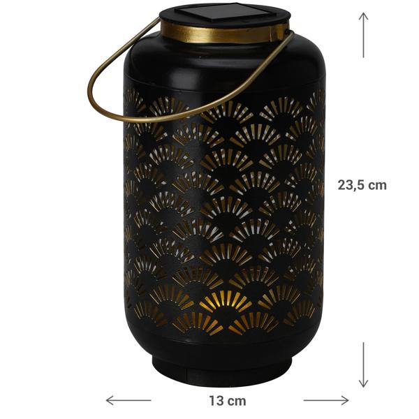 Solar Laterne Metall schwarz - Warmweisses Licht & goldene Applikationen - Ø 13 x H 23,5 cm - NiMH 250 mAh Akku - 6h Leuchtdauer - Garten, Balkon, Terrasse