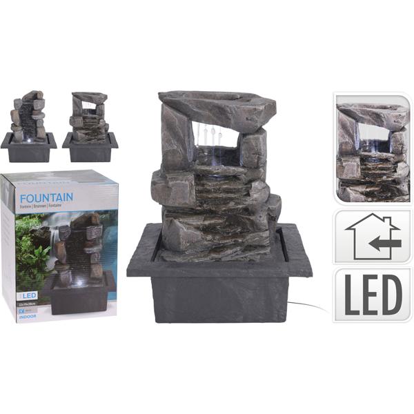 Zimmerbrunnen - 4 Stein Kaskaden - LED Beleuchtung - Beruhigt Raumluft - Bindet Staub/Pollen - 21.8x18.8x17.5cm - Kunststein - Leise Pumpe