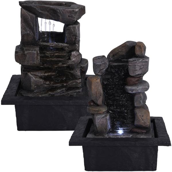 Zimmerbrunnen - 4 Stein Kaskaden - LED Beleuchtung - Beruhigt Raumluft - Bindet Staub/Pollen - 21.8x18.8x17.5cm - Kunststein - Leise Pumpe