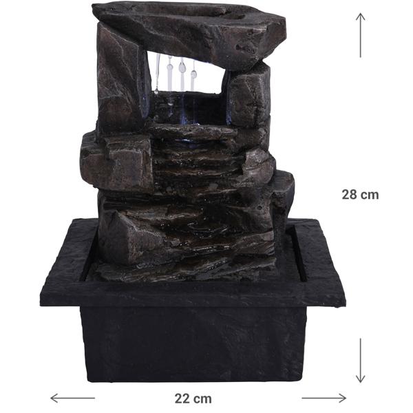 Zimmerbrunnen - 4 Stein Kaskaden - LED Beleuchtung - Beruhigt Raumluft - Bindet Staub/Pollen - 21.8x18.8x17.5cm - Kunststein - Leise Pumpe
