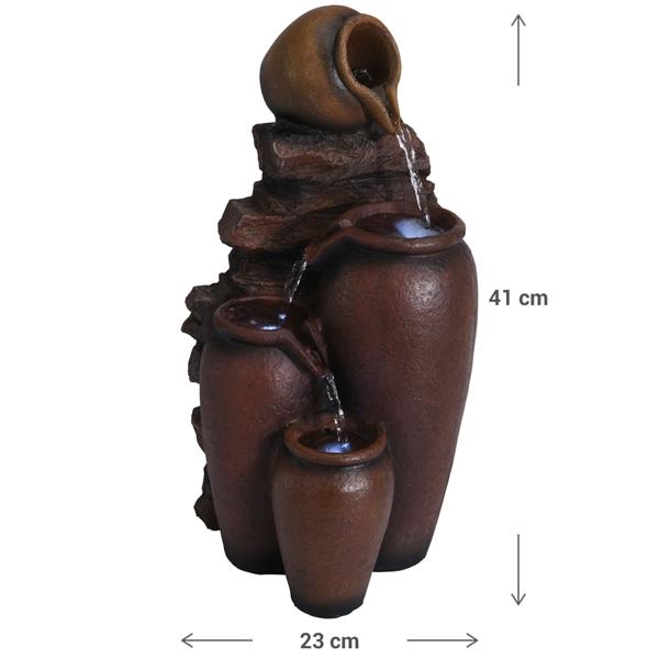 Entspannender Amphoren-Zimmerbrunnen mit LEDs, 21,5cm – Naturstein-Design, leise Pumpe, braune Krüge, Atmosphäre pur