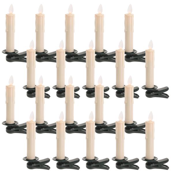 20er LED-Weihnachtsbaum-Kerzen-Set - Kabellose 10cm Christbaumkerzen mit Flacker-Effekt & Fernbedienung - Timer (6h) - Grüne Krokodilklemme