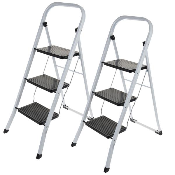 2er-Set Klappbare Trittleiter, mit drei Stufen, bis 125 kg: stabile Küchentreppe, platzsparend für müheloses Arbeiten im Haushalt