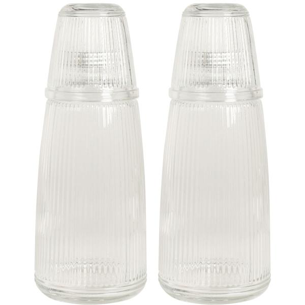 2er-Set Glasflasche mit Trinkglas 1L - Hygienisch & stilvoll für Wasser/Säfte - Geripptes Design - Nachhaltig & geruchsneutral - 230ml Gläser