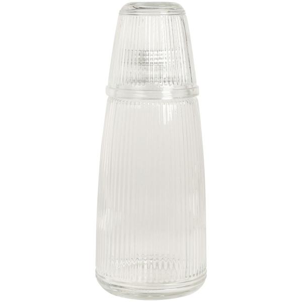 2er-Set Glasflasche mit Trinkglas 1L - Hygienisch & stilvoll für Wasser/Säfte - Geripptes Design - Nachhaltig & geruchsneutral - 230ml Gläser