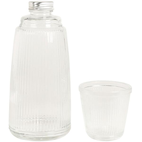 2er-Set Glasflasche mit Trinkglas 1L - Hygienisch & stilvoll für Wasser/Säfte - Geripptes Design - Nachhaltig & geruchsneutral - 230ml Gläser