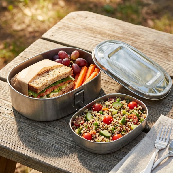 2er-Set Edelstahl Lunchbox – Hygienisch, robust & geruchsneutral für Arbeit, Schule & Picknick – Inkl. Deckel & Haltegriff – 180x140x75mm