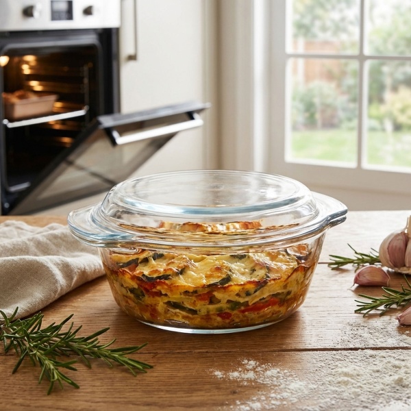 Glas Auflaufform mit Deckel rund 1000ml - Hitzebeständig bis 240°C - Spülmaschinen- & mikrowellengeeignet - Zum Backen, Servieren & Einfrieren