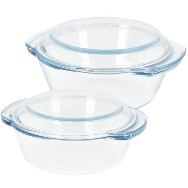 2er-Set Glas Auflaufform mit Deckel, rund, 1000 ml & 1700 ml