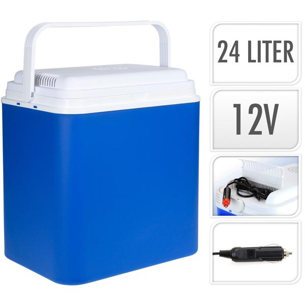 Langlebige elektrische Kühlbox, 24L, 12V für KFZ – Robustes Design, blau/weiss, optimale Kühlleistung