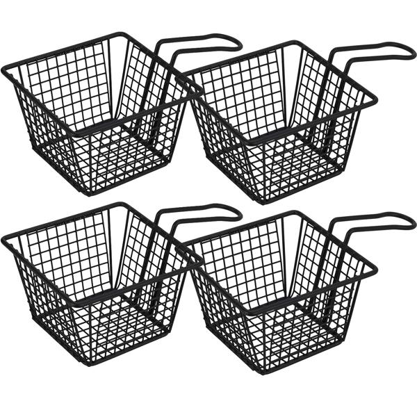4er-Set Pommes Servierkörbchen - Schwarz mattes Metall - Stilvoll für Snacks & Frühlingsrollen - Ideal für Partys - Mit praktischem Griff - 21x13x8.5cm