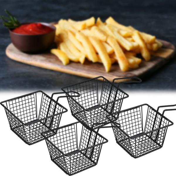 4er-Set Pommes Servierkörbchen - Schwarz mattes Metall - Stilvoll für Snacks & Frühlingsrollen - Ideal für Partys - Mit praktischem Griff - 21x13x8.5cm