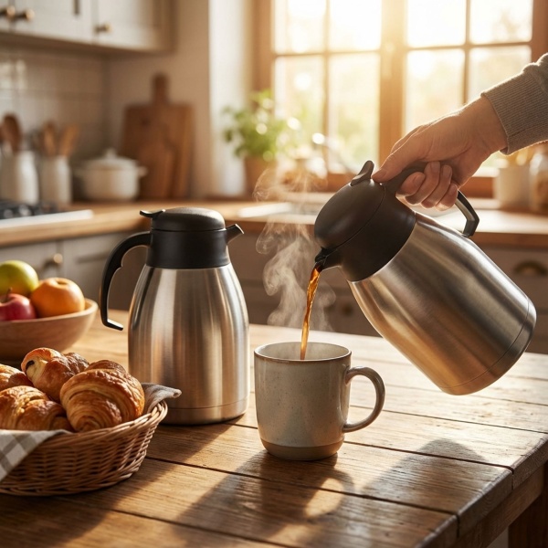2er-Set Doppelwandige Isolierkanne - Edelstahl 1,5L - Hält Getränke 6h warm/kalt - Ideal für Reise, Arbeit, Freizeit & festliche Anlässe - Einhand-Automatik