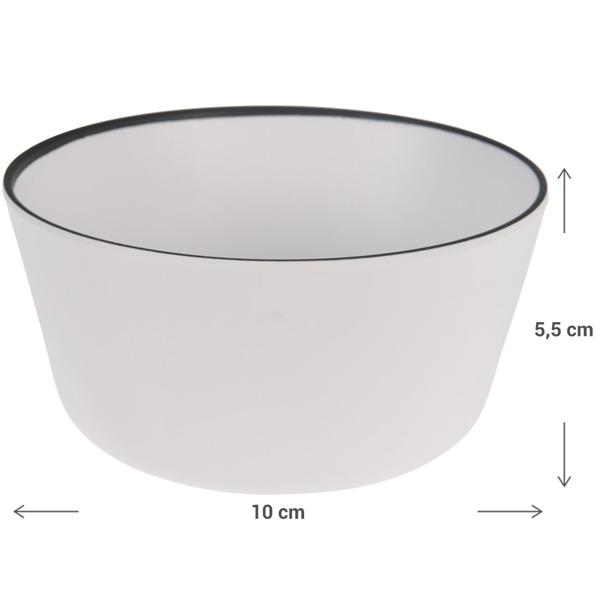 Stilvolle, leichte Melamin-Schüssel, reinweiss & edler, schwarzer Kontrast, 10x5,5cm. Bruchfest & spülmaschinenfest für jede Gelegenheit