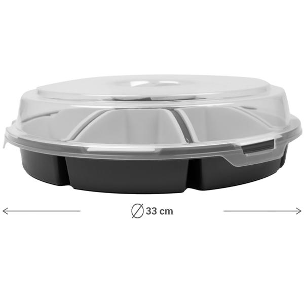 Servierschale 6 Fächer mit Deckel Ø 33 cm - Snacktray für Chips, Snacks, Fingerfood - Robust, leicht, transparent - Schutz vor Staub, Insekten