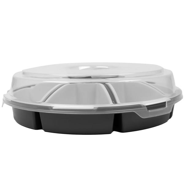 Servierschale 6 Fächer mit Deckel Ø 33 cm - Snacktray für Chips, Snacks, Fingerfood - Robust, leicht, transparent - Schutz vor Staub, Insekten