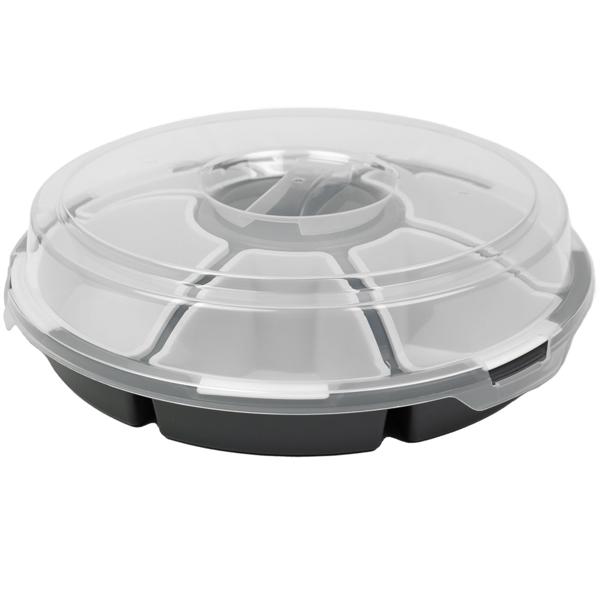 Servierschale 6 Fächer mit Deckel Ø 33 cm - Snacktray für Chips, Snacks, Fingerfood - Robust, leicht, transparent - Schutz vor Staub, Insekten