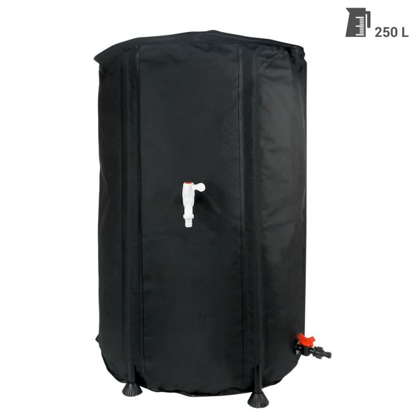 Robuste, faltbare 250 Liter Regentonne, schwarz - mit Wasserhahn und Schlauchanschluss, mobile Regenwasserlösung für jeden Garten