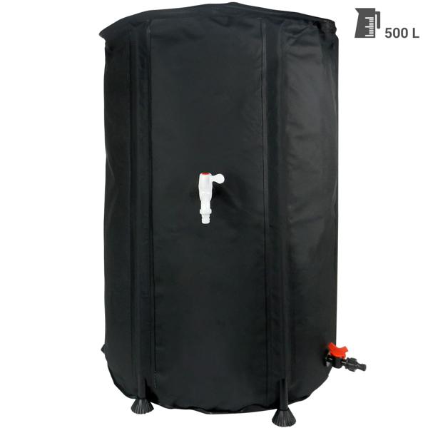 Robuste, faltbare 500 Liter Regentonne, schwarz - mit Wasserhahn und Schlauchanschluss, mobile Regenwasserlösung für jeden Garten