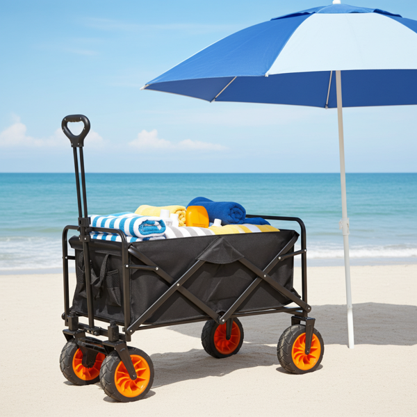 Faltbarer Bollerwagen bis 80kg, schwarz-rot – Robuster Transportwagen mit schwenkbaren Rädern, zusammenklappbar für Ausflüge & Garten