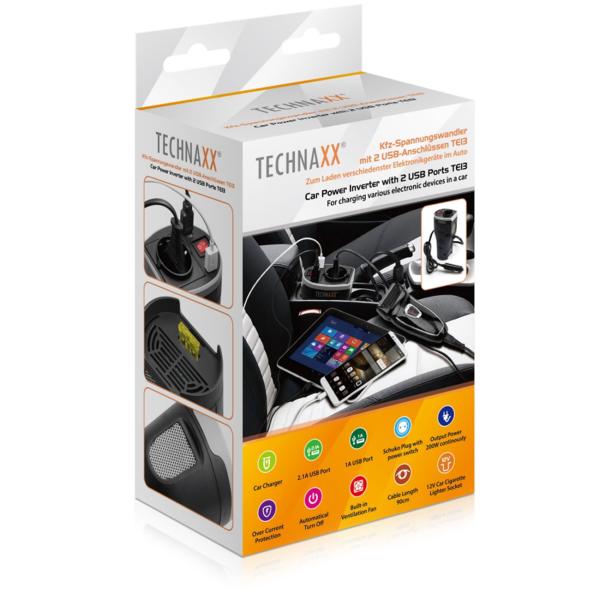 Kfz-Spannungswandler 200W/400W Spitze - Lädt & betreibt Geräte im Auto (12V auf 230V) - Mit 230V-Steckdose, 2x USB, Lüfter & Schutz