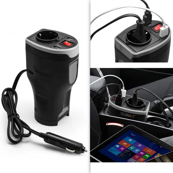 Kfz-Spannungswandler 200W/400W Spitze - Lädt & betreibt Geräte im Auto (12V auf 230V) - Mit 230V-Steckdose, 2x USB, Lüfter & Schutz