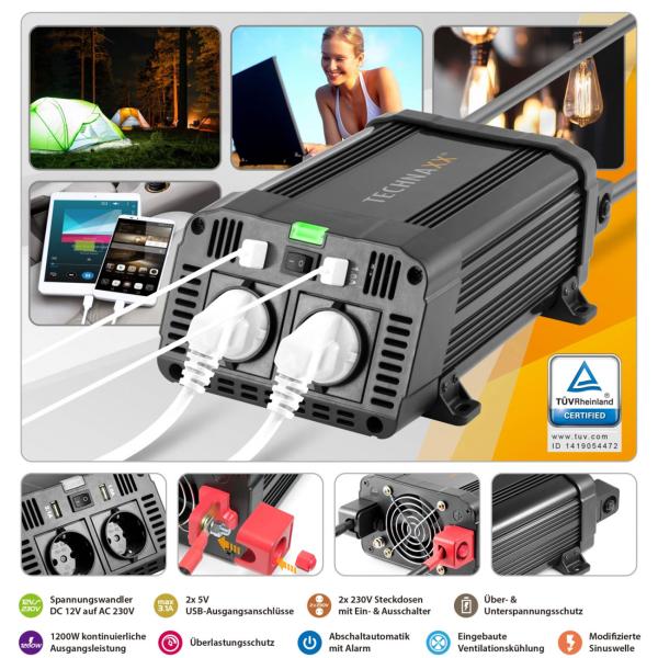 12V auf 230V Wechselrichter, 2x USB-A (3,1A gesamt) – Hochwertiger Spannungswandler, robuste Stromversorgung für unterwegs