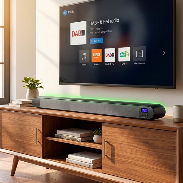 Vielseitige Soundbar mit DAB+ & FM Radio: Bluetooth, HDMI ARC, Optisch, USB & AUX – Perfekter Klang für TV & Musik, maximale Konnektivität