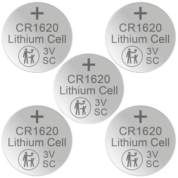 5er-Set Lithium-Knopfzelle CR1620 - Zuverlässig & langlebig für Smart-Home, Autoschlüssel, Waagen - 3V / 70mAh, kindersicher verpackt, Ø 16x2mm
