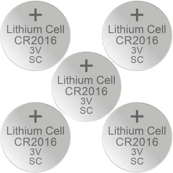 5er-Set Lithium-Knopfzelle CR2016 - 3V 90mAh - Lange Laufzeit für Smart-Home-Geräte, Fernbedienungen, Autoschlüssel, Uhren - Kindersicher verpackt