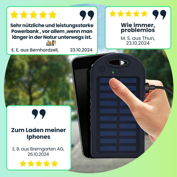 Solar Powerbank inkl. Taschenlampe, 4.000 mAh, 2x USB-A Anschlüsse, 10 Watt, Solarpanel, Ladestandanzeige, zum Laden von iPhone, Samsung, Android