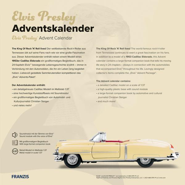 Elvis Presley Adventskalender - Modellauto Cadillac gelb Massstab 1:37 - Soundmodul mit Elvis Stimme - Fotopuzzle - Sammlerstück für Fans