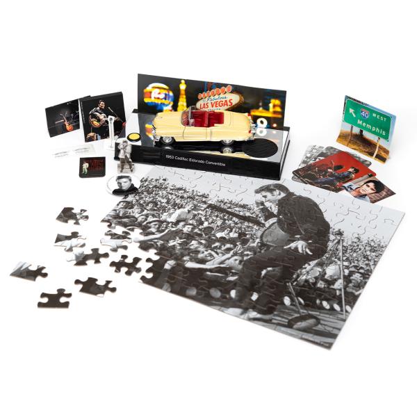 Elvis Presley Adventskalender - Modellauto Cadillac gelb Massstab 1:37 - Soundmodul mit Elvis Stimme - Fotopuzzle - Sammlerstück für Fans