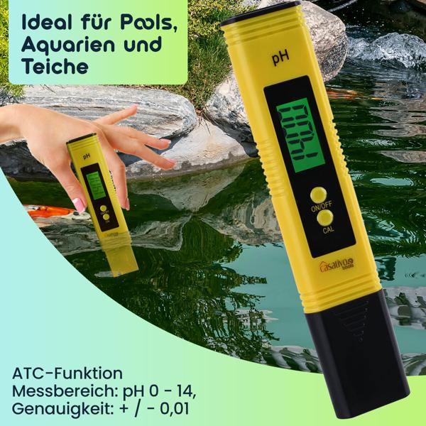 2er-Set Digitales pH-Messgerät mit ATC-Funktion, LCD-Display, pH-Messbereich 0-14, präzise pH Wert Messung für Trinkwasser, Aquarien, Pools, und Teiche