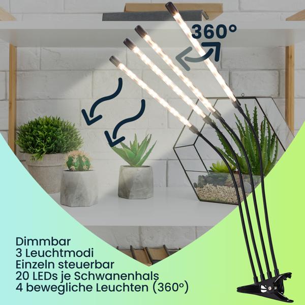 2er-Set Vollspektrum LED-Pflanzenlampe mit je 4 Schwanenhälsen, Pflanzenwachstumslampe mit 9 dimmbaren Stufen & Timerfunktion, 80 Vollspektrum-LEDs
