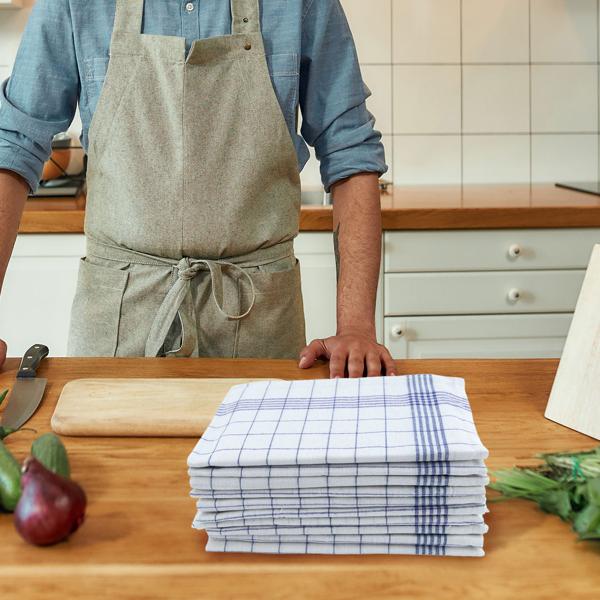Saugstarke 10er Halb-Leinen-Geschirrtücher: 50% Leinen-50% Baumwolle, blau-weiss kariert, 70x50cm, 95°C waschbar, ÖKO-TEX – streifen- & flusenfrei