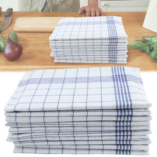 Saugstarke 10er Halb-Leinen-Geschirrtücher: 50% Leinen-50% Baumwolle, blau-weiss kariert, 70x50cm, 95°C waschbar, ÖKO-TEX – streifen- & flusenfrei