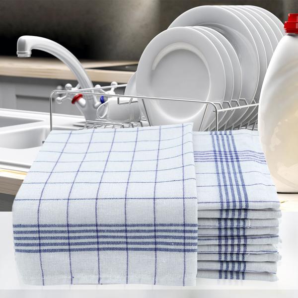 20er Halb-Leinen-Geschirrtücher: 50% Leinen-50% Baumwolle, blau/rot-weiss kariert, 70x50cm, 95°C waschbar, ÖKO-TEX – streifen- & flusenfrei
