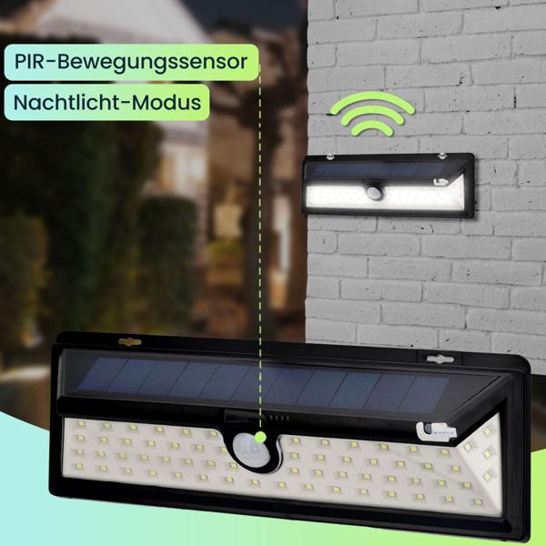 4er-Spar Set Moderne Wandleuchte, Solarpanel, PIR Bewegungs-Sensor, 66 helle LEDs, 800 Lumen, 13,2 Watt, IP44, inkl. Montagematerial