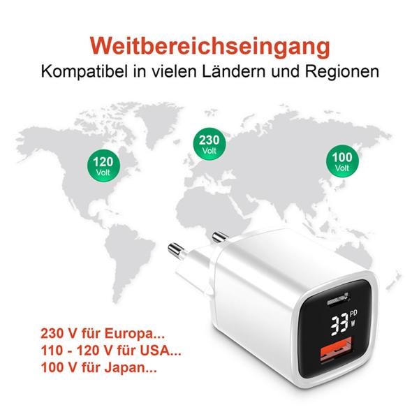 3er-Set Leistungsstarkes USB Netzteil Dual Port, USB-C und USB-A, 33 Watt Schnellladegerät, weiss - schwarz, Power Delivery und Quick Charge